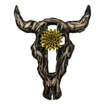 Rustic Buffalo Cow Skull With Yellow Flower And Cross Faux Wooden Wall Decor