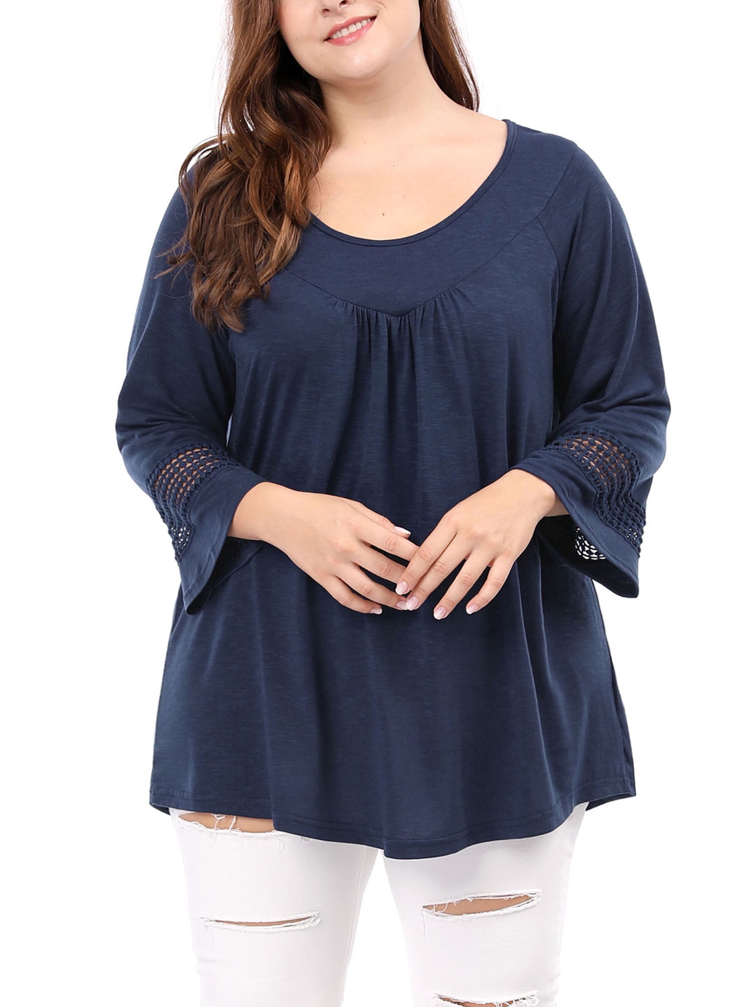 Unique Bargains Juniors' Plus Size Crochet Panel Kimono Raglan Sleeves Ruched Front Top Blue 1X