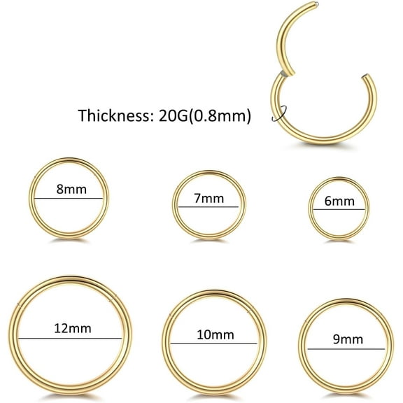 GHRTGR-316L Surgical Steel Nose Rings Hoops 20G 18G 16G Nose Rings for Women Cartilage Helix Tragus Conch Hoop Earrings 6/7/8/9/10/12mm