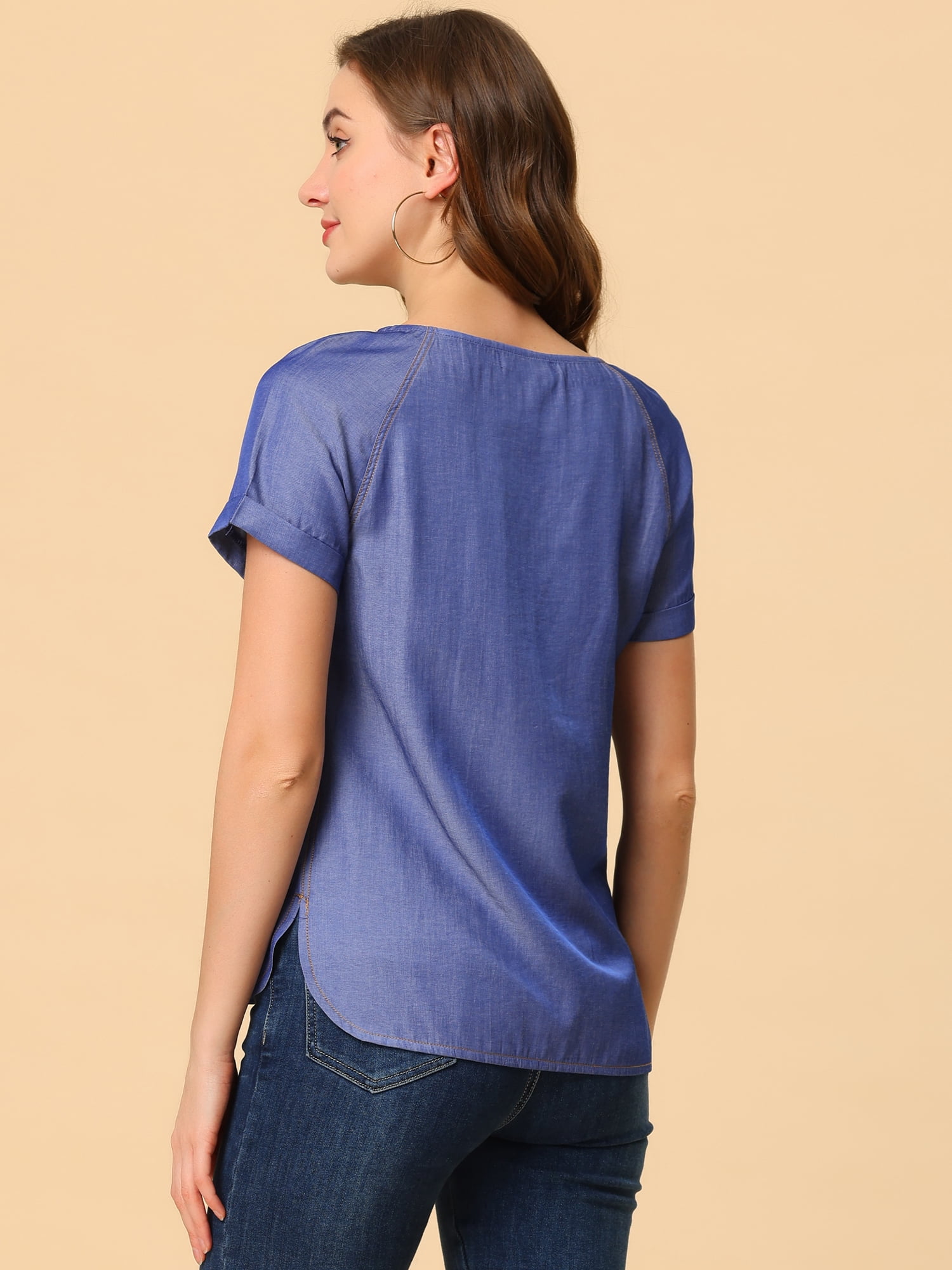 Unique Bargains Women's Raglan Sleeve Round Neck Tencel Denim Chambray Top Shirt M Dark Blue