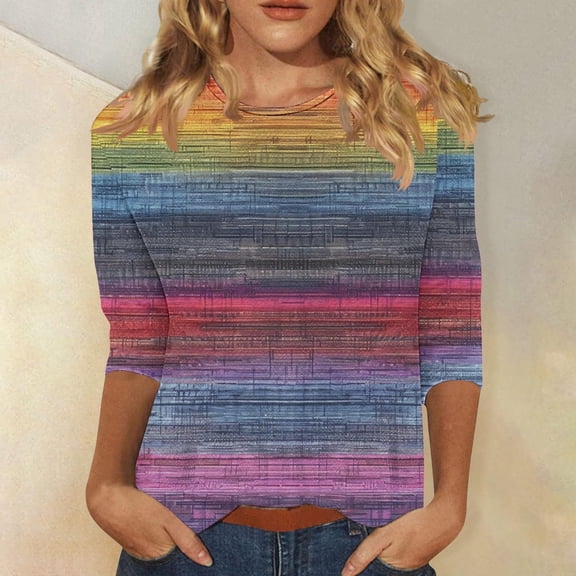 Byworldtasic Women's Oversize Long Sleeve Tops Women's 3/4 Length Sleeve Pullover Tops Round Neck Lightweight Breathable T-shirts Colorful Stripes Print Basic Blouses Multicolor