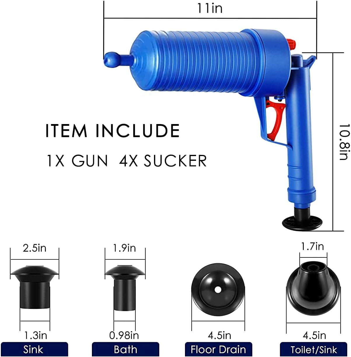 High Pressure Air Drain Blaster Gun with 4 Suckers, Toilet Plunger & Pipe Clog Remover for Bathroom, Kitchen, Sink, Bathtub, Floor Drain