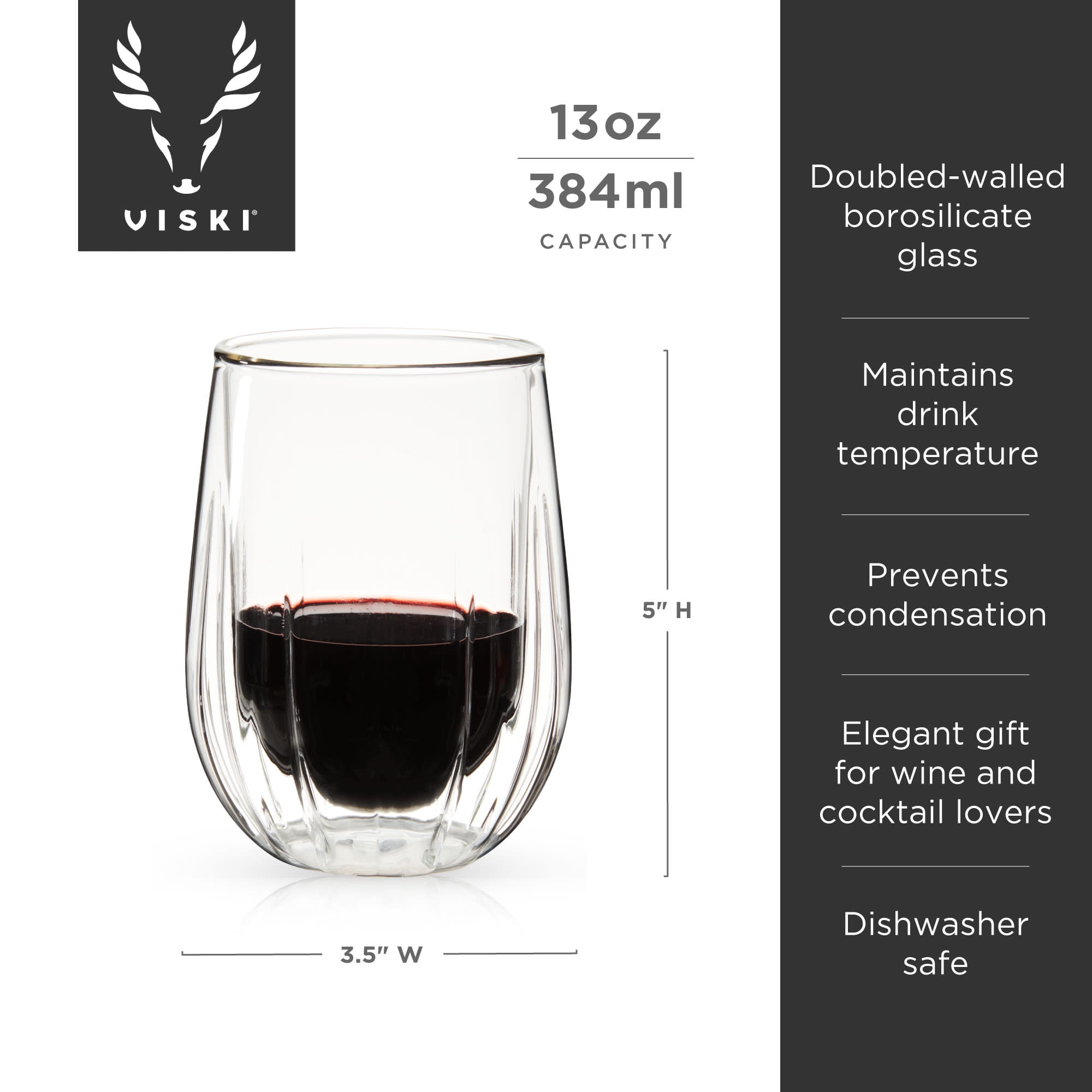 Viski Double Walled Wine Glasses for Birthday, Wedding Gifts, 13oz Set of 2