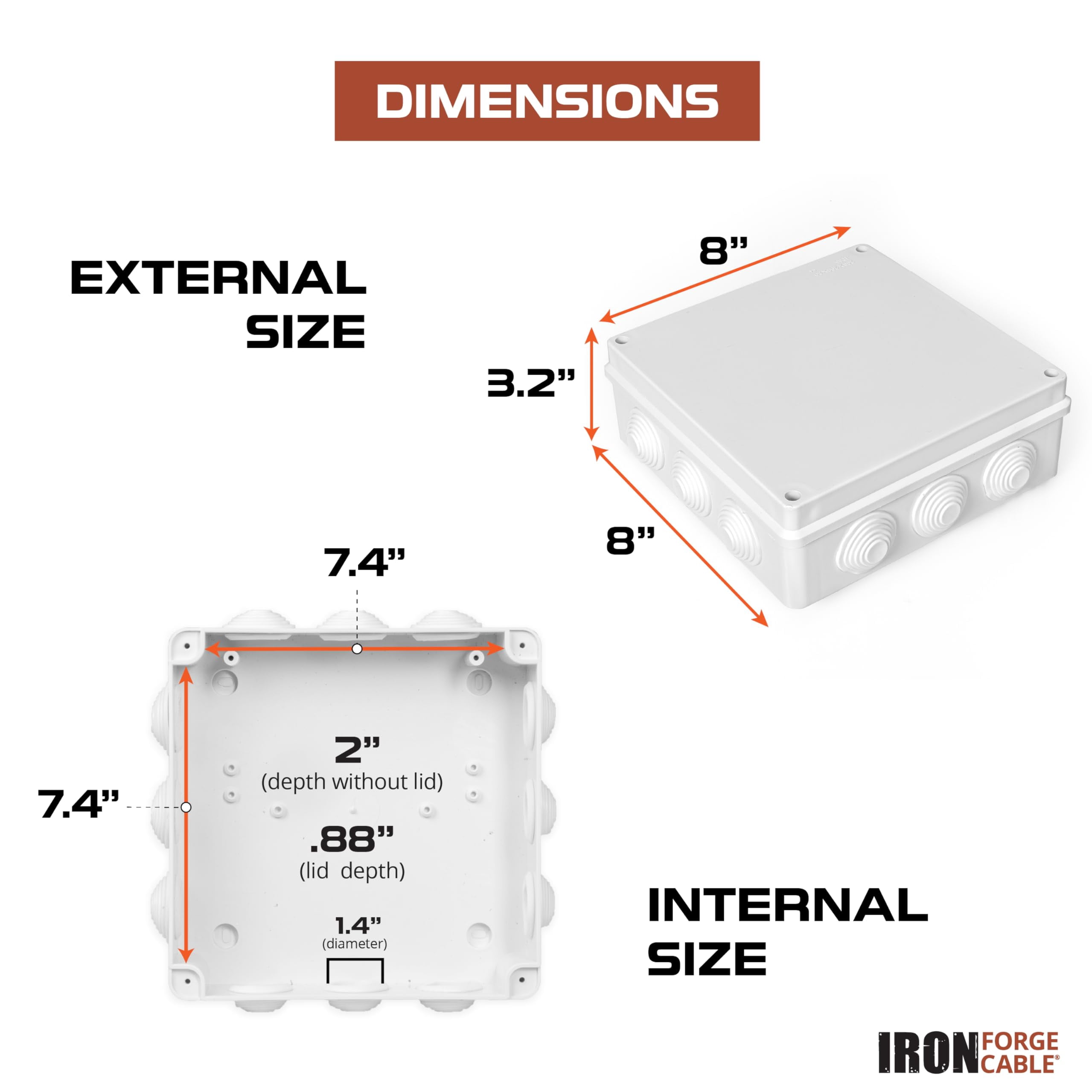Iron Forge Cable Outdoor Electrical Box, 8" x 8" x 3.2" Inch White Junction Box with Complete Accessories, Drillable Waterproof Enclosure ABS Plastic Box with Cover for Electronics IP65