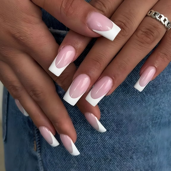 RAGUPEL Pink Press on Nails Short Square Fake Nails Medium French Tips with Rhinestones 24 Pcs Cute Stick on Nails for Women