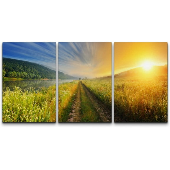 wall26 Canvas Print Wall Art Set Dawn Path Through Sunny Flower Field Nature Wilderness Photography Realism Rustic Scenic Colorful Landscape for Living Room, Bedroom, Office - 24"x36"x3