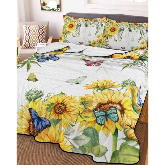 Sunflower King Size Down Alternative Comforter, Lightweight Comforter Quilt Bedding Set with Pillow Shams Summer Botanical Butterfly Watercolor All Seasons Bed Comforter Duvet Insert 96"x106"