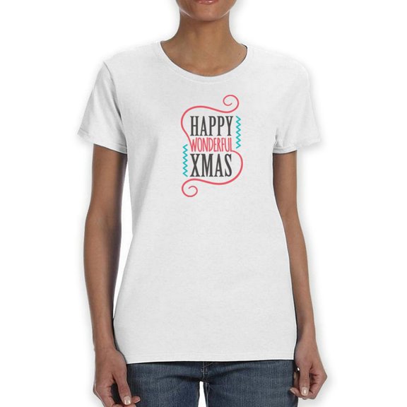 Happy Wonderful Xmas Text Swirl Graphic  Women White T-Shirt, Female x-Large