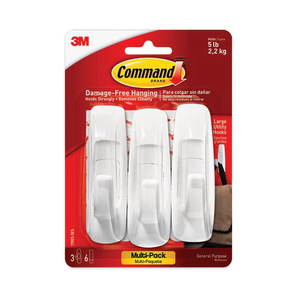General Purpose Hooks Multi-Pack, Large, 5 Lb Cap, White, 3 Hooks And 6 Strips/pack | Bundle of 2 Packs