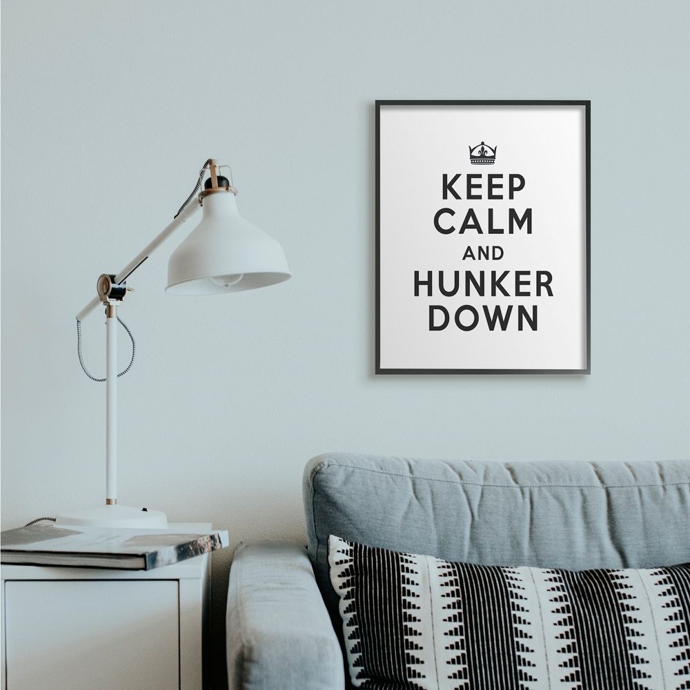 Stupell Industries Keep Calm and Hunker Down Stay Home Sign Framed Wall Art Design by Lettered and Lined, 24" x 30", Black Framed