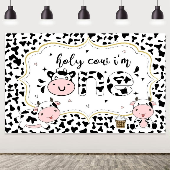 Holy Cow I'm One Birthday Backdrop Decorations for Boy Girl Pink Barn Cow Happy First Birthday Party Background Farm Animals Themed 1st Birthday Party Cake Table Banners Photo Booth Props