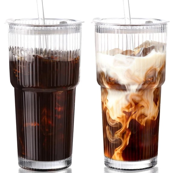 MHDCLY 20oz Ribbed Glass Tumblers Set of 2/4 with Lids & Straws Durable Reusable Leak-Proof Travel-Ready for Iced Coffee Smoothies Juice Cocktails Washable Stylish Drinkware