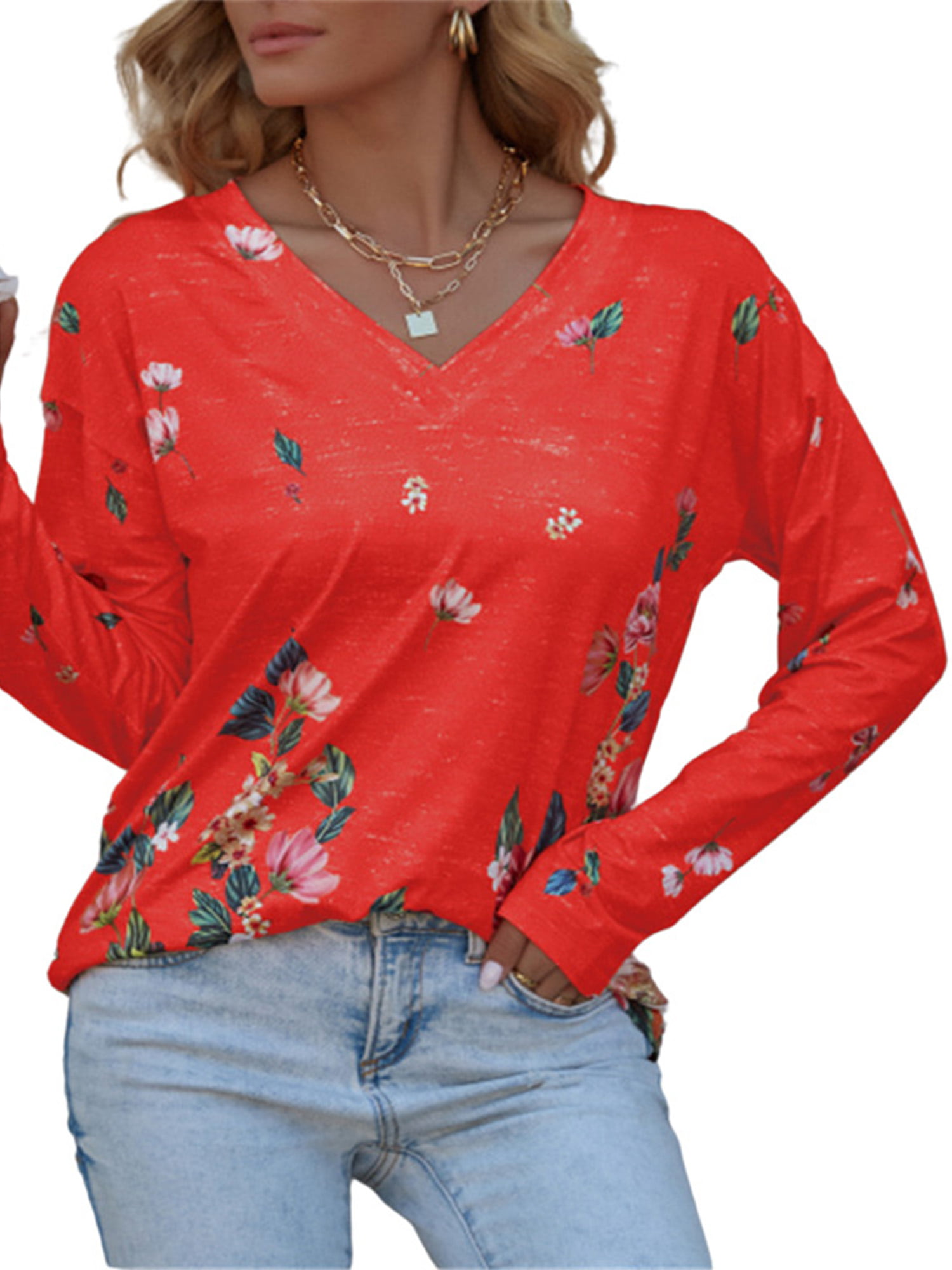 Women V Neck Long Sleeve Floral Loose Tops Casual Plain Tee Shirt Blouse Tunic
