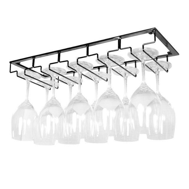 Portavasos de vino debajo del gabinete, portavasos de vino de alambre metálico en la cocina y barra del gabinete, colgador de almacenamiento (negro, 5 filas, 1 paquete)