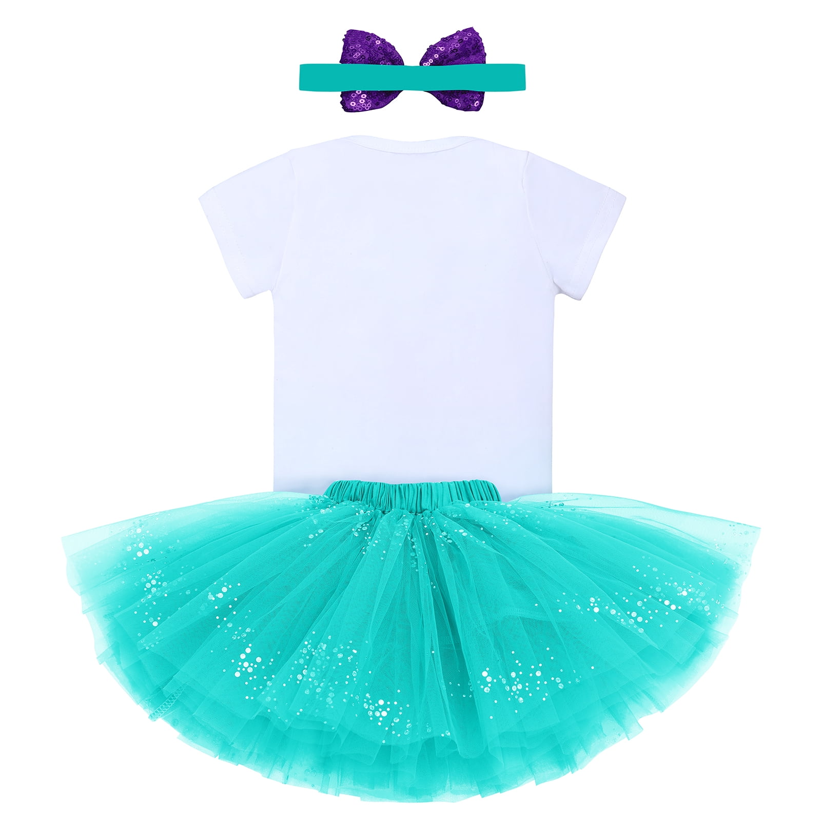 IBTOM CASTLE Toddler Baby Girls Mermaid 1st Birthday Outfit Princess Romper + Tutu Skirt + Shiny Bowknot Headband Cake Smash Clothes Set, 3-Piece