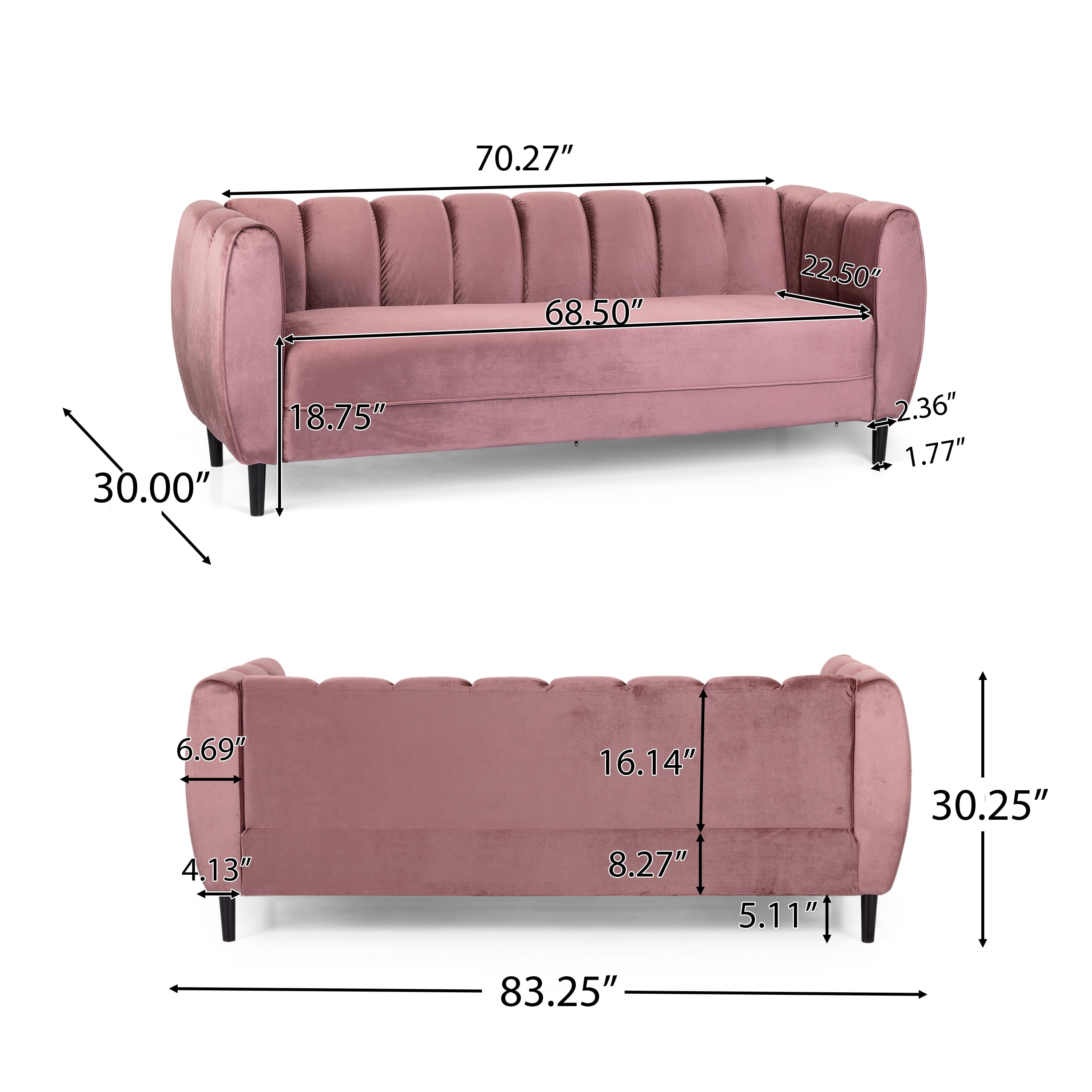 Noble House Mohammad Channel Stitch Velvet 3 Seater Sofa, Blush