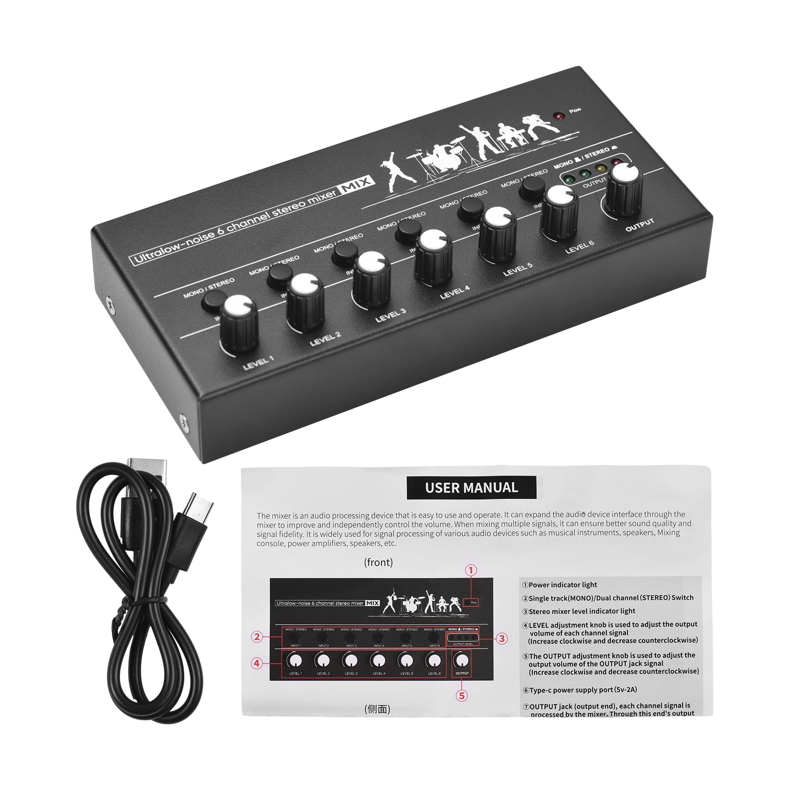Audio Mixer,6-channel Audio Stereo Metal Shell Usb Stereo Line Mono/6.5 Dual Channels Shell Usb Type-c 6.35mm Mono/6.5 Dual Dsfen Mewmewcat Rusuo 6-channel Mer Stereo Line Mer Metal