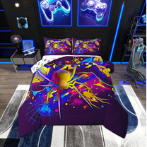 Gaming King Size Comforter Set - Gamer Comforter Bedding Sets, Gothic Halloween Spider Blue Yellow Purple Gamer Room Decor