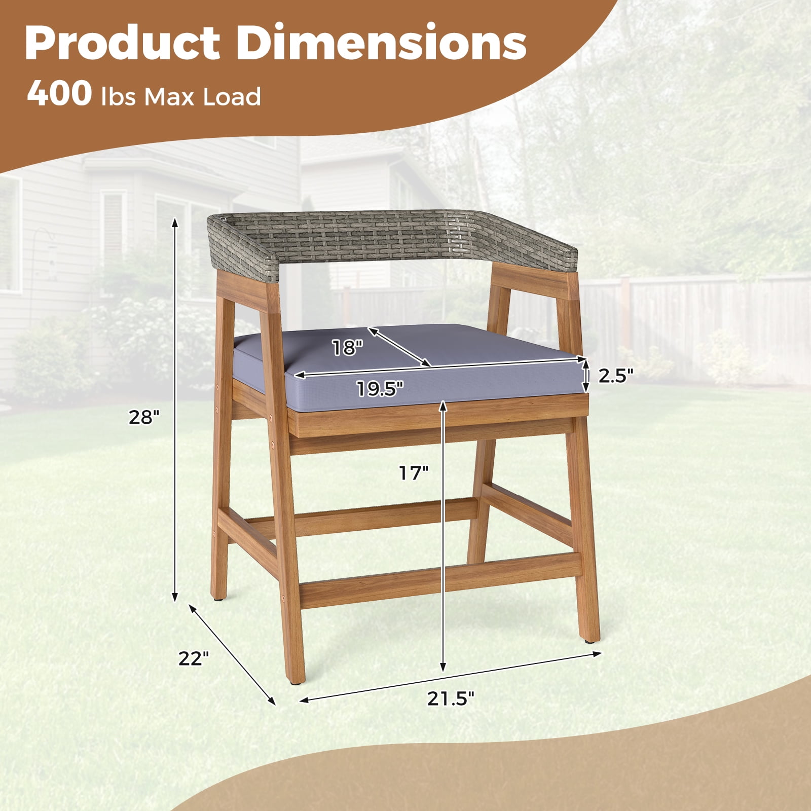 Costway Patio Chairs Set of 4 Outdoor Acacia Wood Dining Chairs with Cushions for Garden