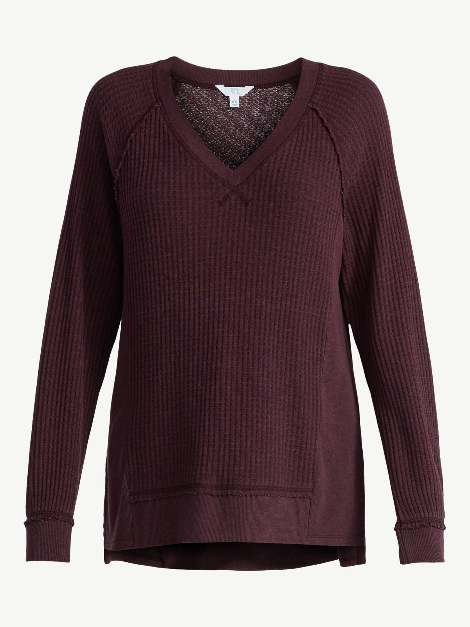 Time and Tru Women's Waffle Knit Tunic V-Neck Sweatshirt with Long Sleeves, Sizes XS-3XL