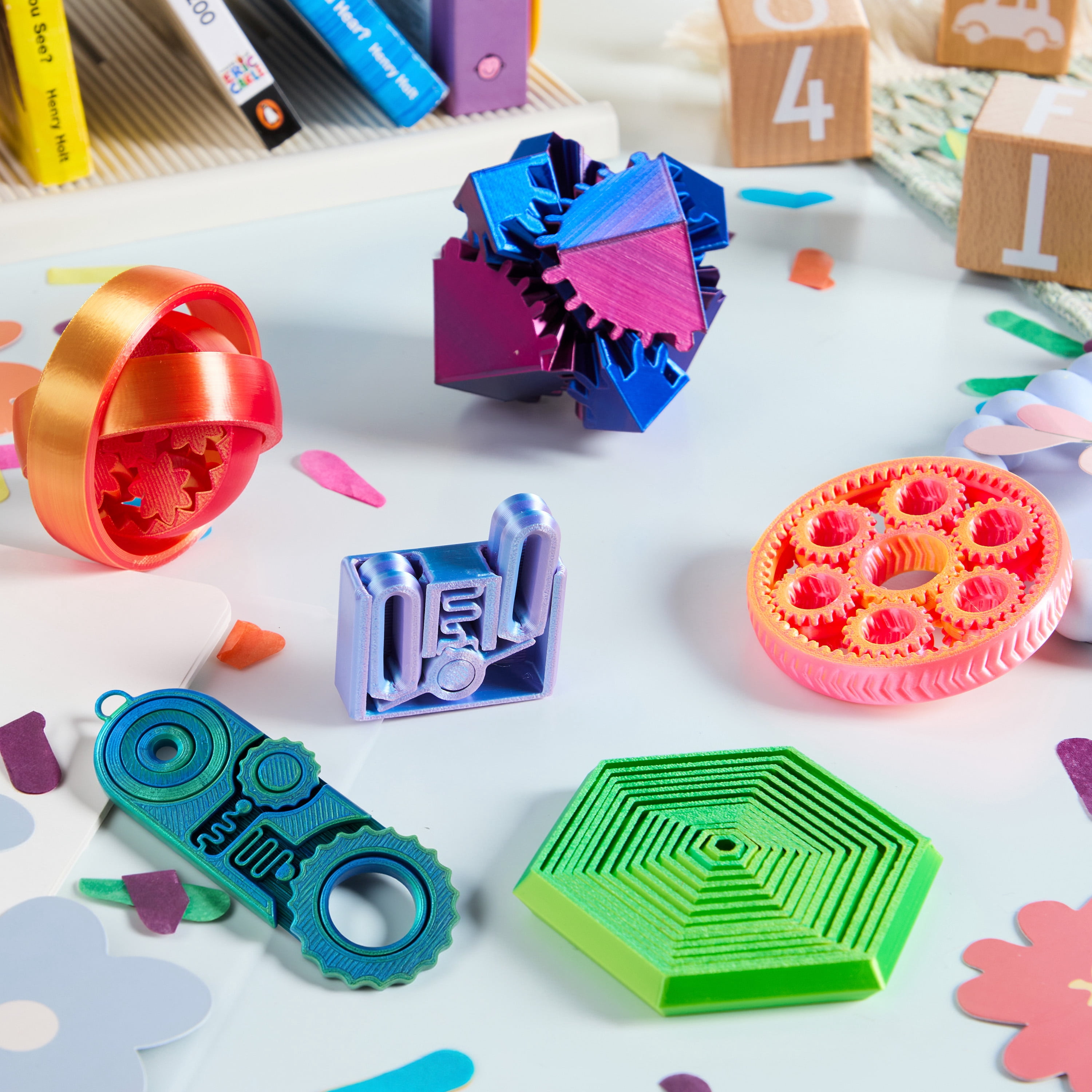 Joyfy 6 Pcs 3D Printed Fidgets Spin Fractal Click Gear Stress Relief Toys for Kids & Adults, Metallic Color ADHD Autism Product, Sensory Tools, Gifts for Birthday Christmas
