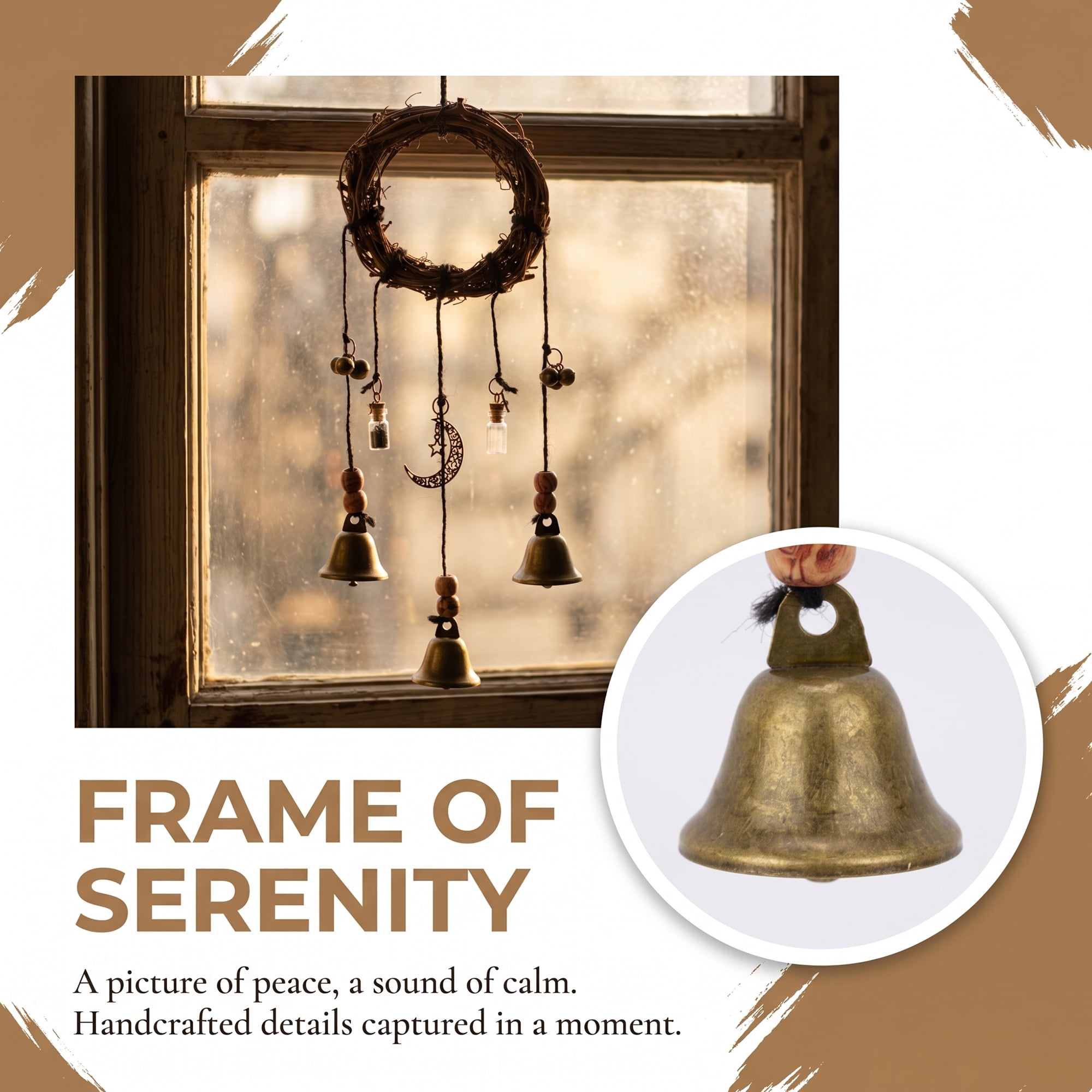Unique Bargains Rattan Wreath Wall Hanging Metal Bells Bronze Beads 6.3"L x 6.3"W x 11.8"H