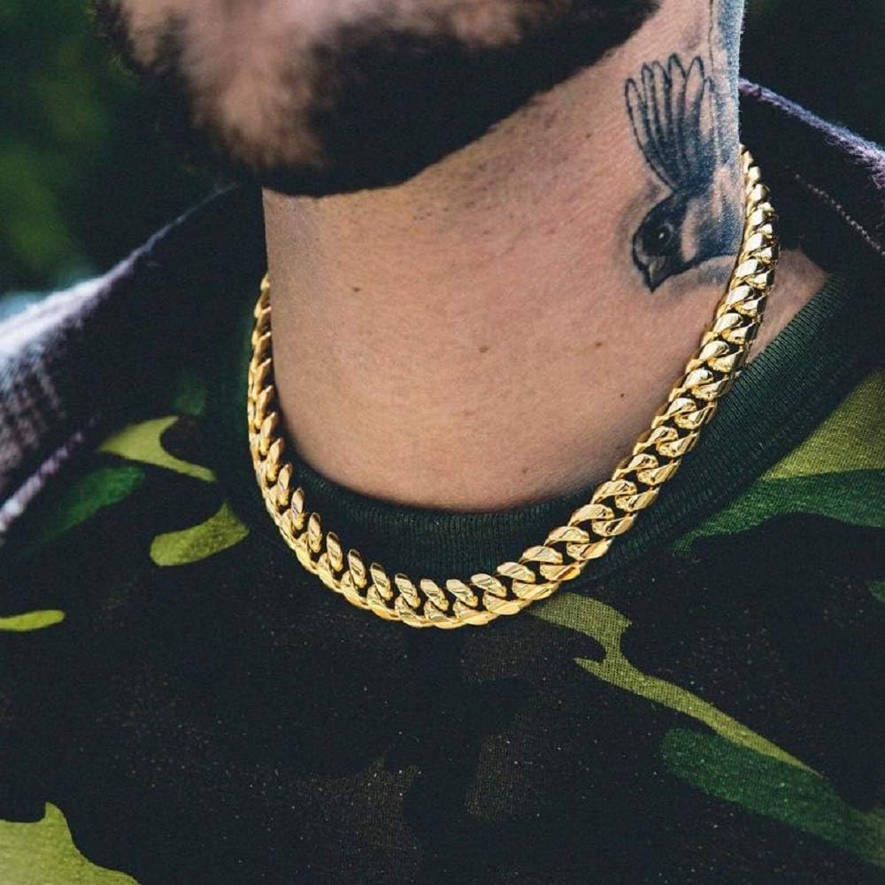 Mens Heavy Miami Cuban Link Chain Choker 14k Gold Plated Hip Hop Thick Stainless Steel 8mm/10mm/12mm/14mm/16mm Necklace/Bracelet