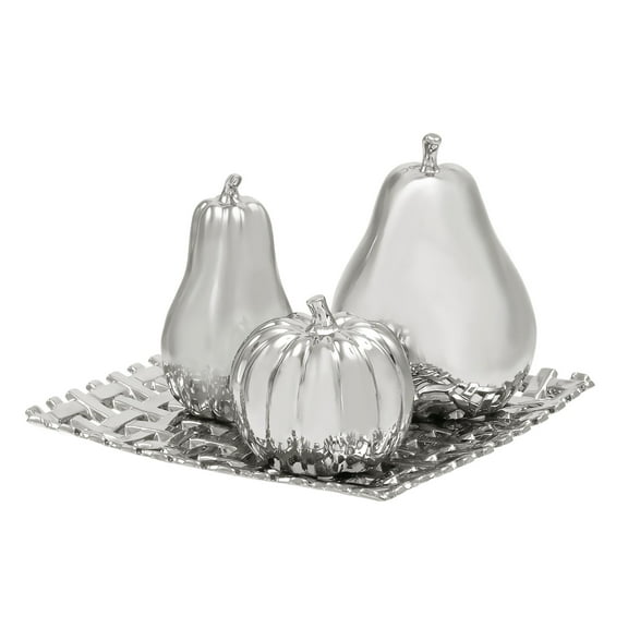 Silver Ceramic Fruit Pear, Pumpkin, and Squash Decorative Sculpture with Decorative Grid Plate, Set of 4 12"W, 9"H by DecMode