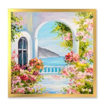 Designart 'Pink Flowers With Traditional Greek House' Nautical & Coastal Framed Art Print