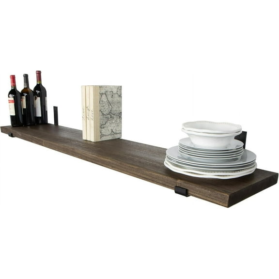 Wallniture Forte Wooden Board 60" Long, 11.25'' Deep, 1.5" Thick, Rustic Wood Floating Shelf for Wall with Heavy Duty Metal Brackets, Farmhouse Style Shelving for Home Decor, 1pc (Dark Walnut)