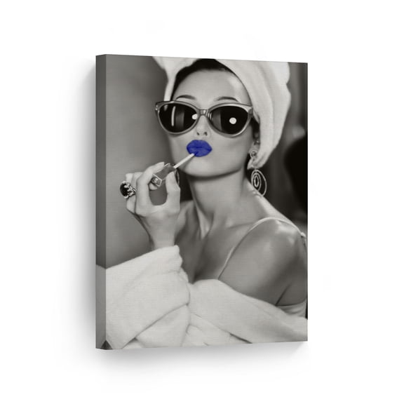 Smile Art Design Audrey Hepburn Wall Art Blue Lips Canvas Print Lipstick Makeup Iconic Pop Art Pretty Beauty Black and White Wall Art Living Room Bedroom Wall Decor Artwork Ready to Hang - 40x30