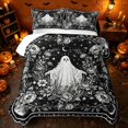 thumbnail image 2 of Erosebridal Spooky Halloween Ghost Bed Spread Queen, Hippie Starry Floral Queen Coverlet Set for Boys Girls, Black White, 3pcs 1 Quilt and 2 Pillowcases, 2 of 7