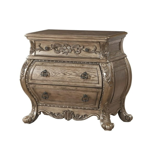 Three Drawer Nightstand With Antique Handles & Scrolled Legs, Vintage Oak Finish- Saltoro Sherpi