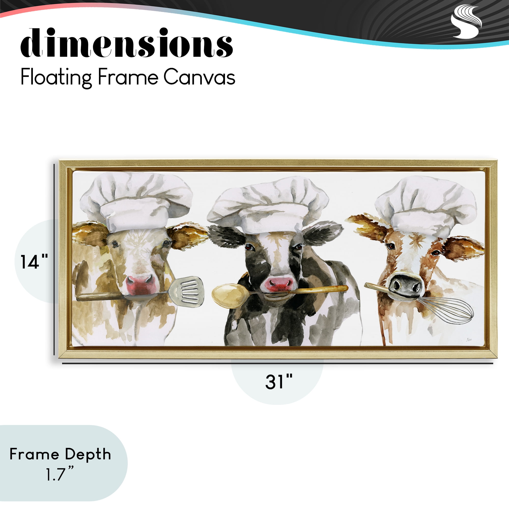 Stupell Industries Cow Chefs with Utensils Gold Framed Floater Canvas Wall Art, design by Nan