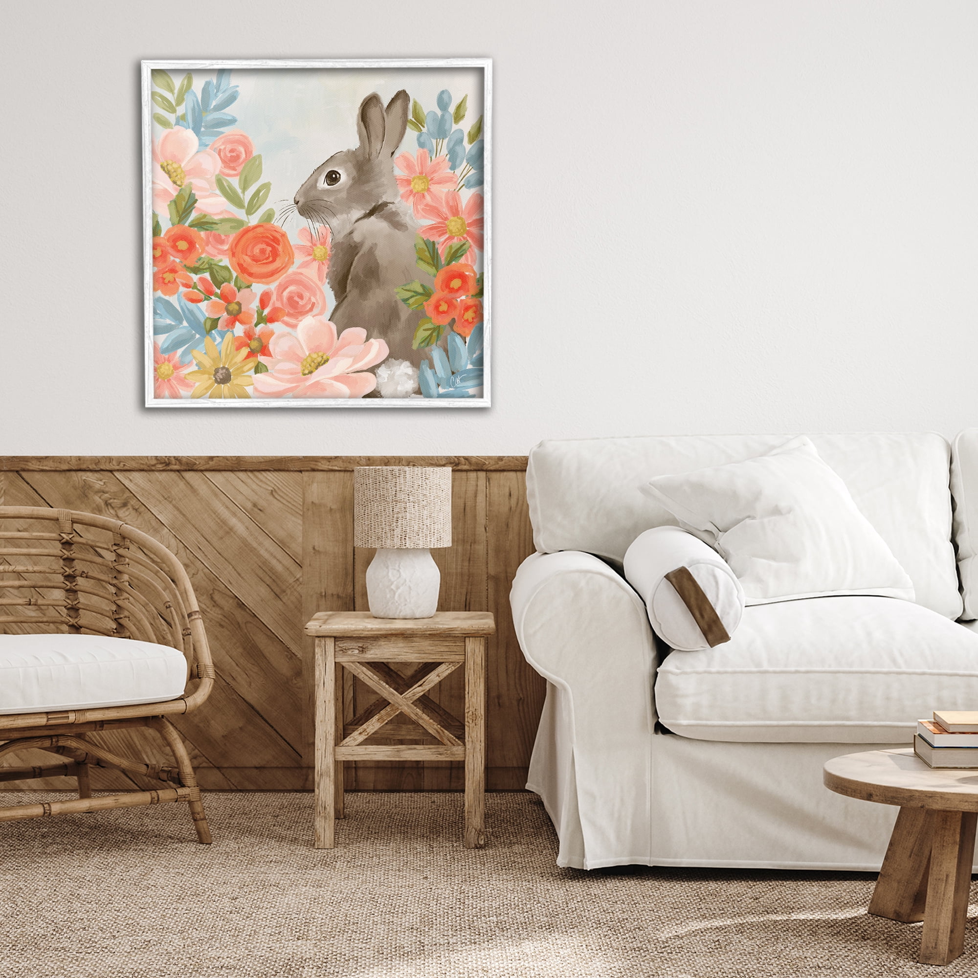Stupell Industries Bunny In The Blooms White Framed Giclee Art, design by Cat Thurman Designs