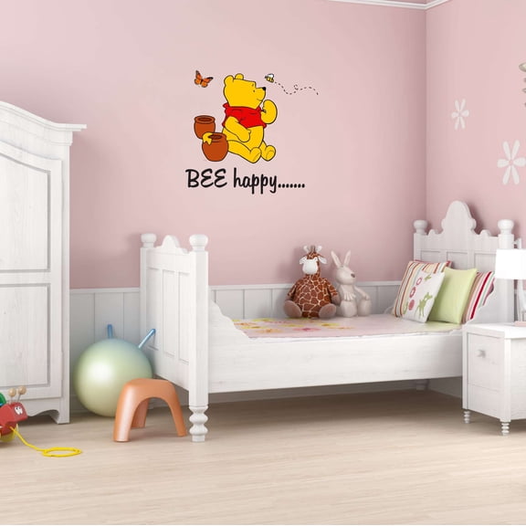 Children Bee Happy Cute Cartoon Wall Decal Decoration Happy Cute Bear with Honey Jars and Bee Decal Lasts Years and Easily Removable - Size: 20 In(W) x 18 In(H)
