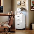 thumbnail image 6 of Nightstand 5 Drawer Dresser with LED Lights and Charging Station, Vertical Side Table with Fabric Drawers, End Table with Open Shelf, Tall Dresser for Bedroom, Hallway, Entryway, White, 6 of 17