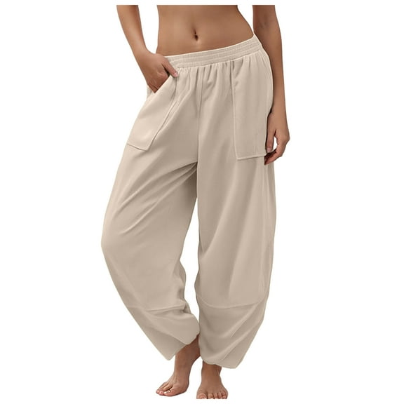 UngA Baggy Sweatpants Women Women High Waist Casual Pants Elastic Wide Leg Summer Beach Palazzo Trousers with Pockets Lightweight Comfy Beige,XL