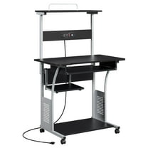 Rolling Computer Desk with Charging Station and 2 USB Ports for Small Space, Study Writing Desk with Keyboard Tray and Printer Shelf for Home Office, Compact Study Table with Wheels, Black