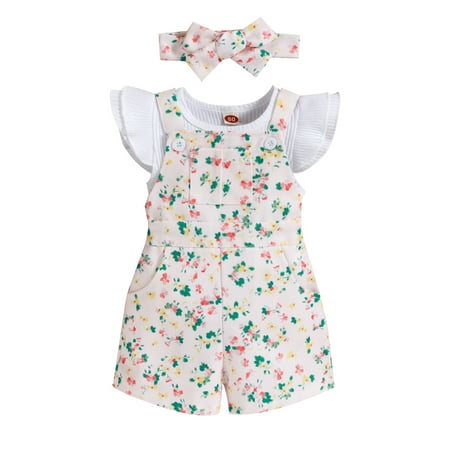 

Infant Baby Girl Summer Overalls Outfits Flying Sleeve Ribbed T-Shirt Top Floral Suspender Shorts Headband 3Pcs Clothes Set