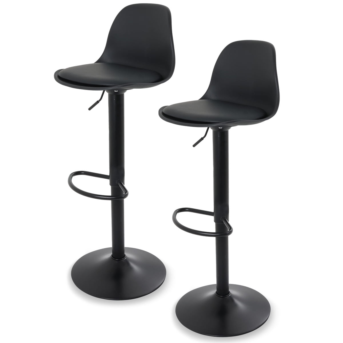 Sillas para Bar y Barra de Cocina con Respaldo y Reposapies de Altura Ajustable Banco Taburete Giratorio con Asiento Acolchado de Diseño Moderno Set 2 Piezas Full Black
