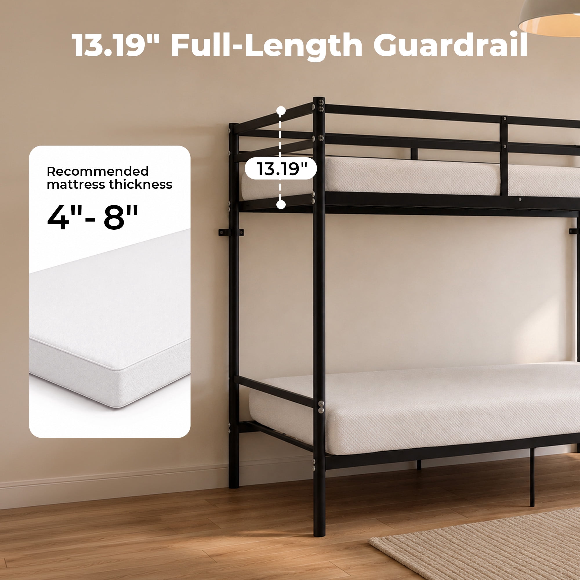 Alvantor Bunk Bed Twin over Twin, Metal Bunk Bed for Kids with Ladder and Anti-tip Bracket Black