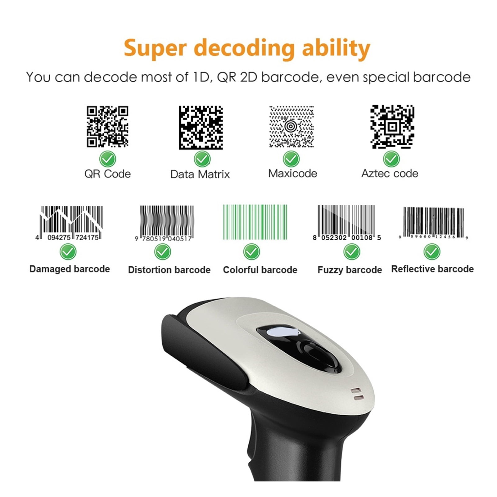 Wired 2D Barcode Scanner, Handheld USB Automatic Bar Codes Reader 1D QR CCD Data Matrix Bar Code Image Scanning ,Easy to Operate