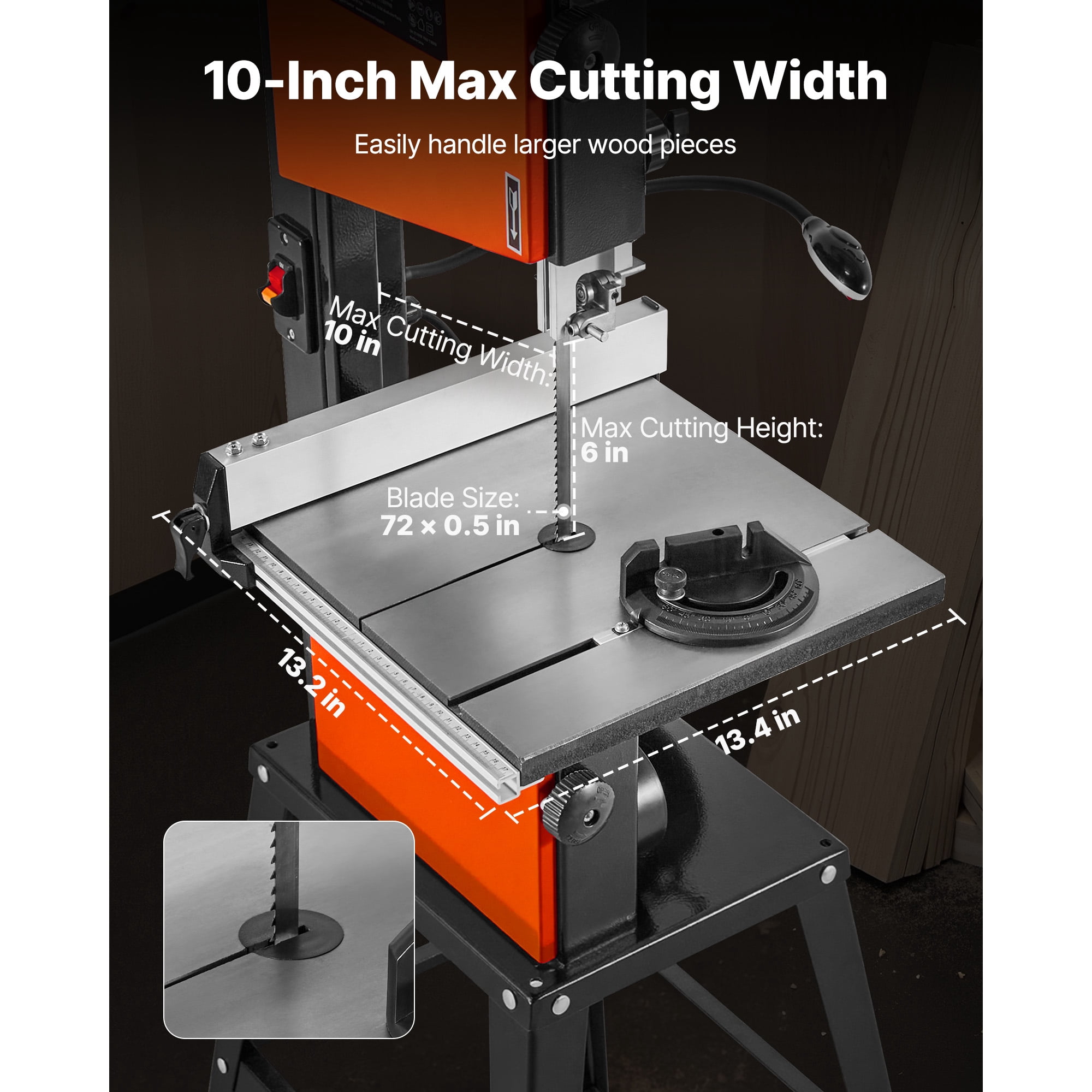 KFFKFF 10-Inch Band Saw with Stand, Two-Speed Benchtop Bandsaw, 373W 1/2 HP Motor, 6-Inch Max Cutting Height, 13.2 x 13.4-Inch Cast Iron Table, Includes 360° Work Light, Miter Gauge