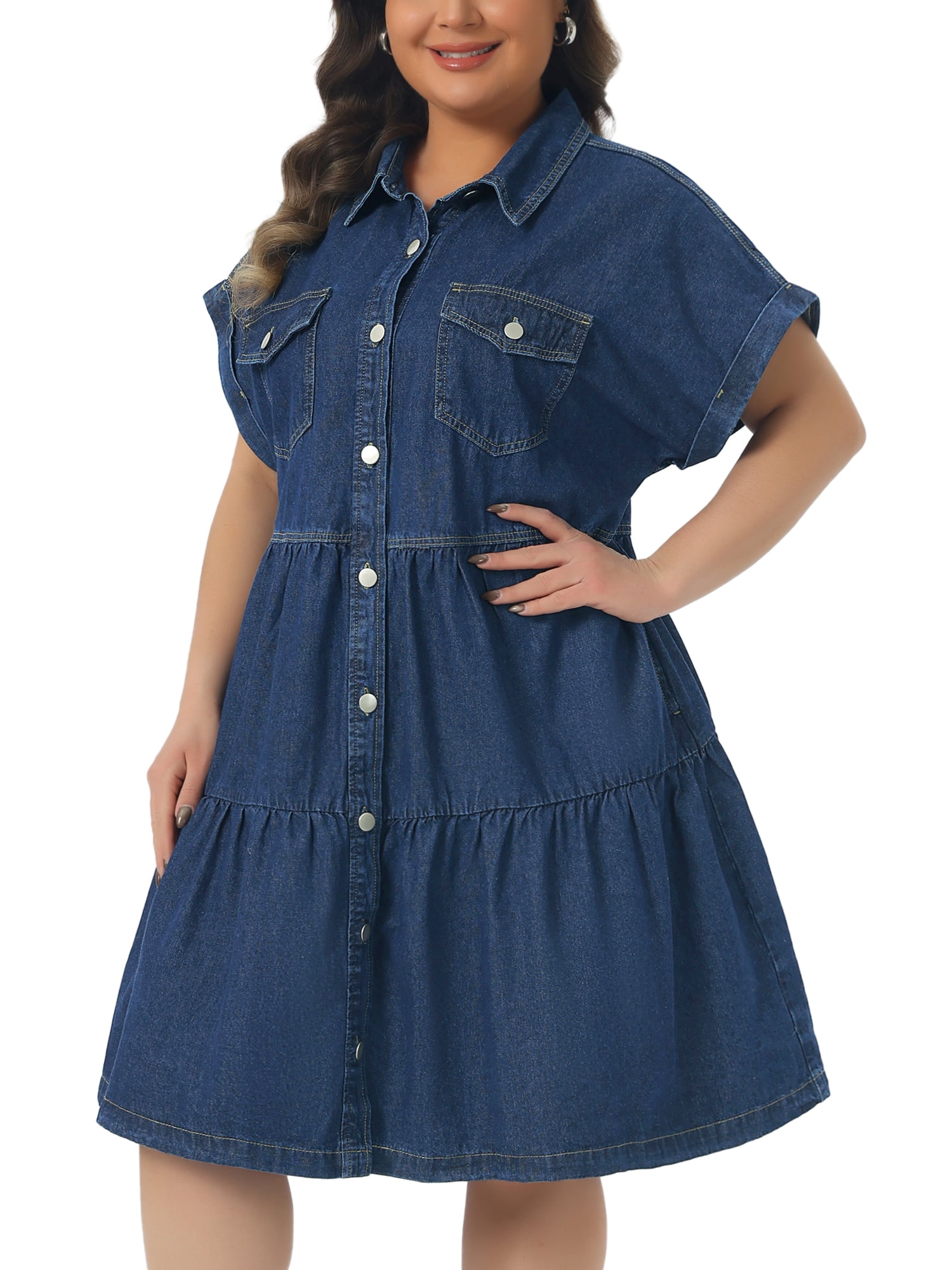 DARING DIVA Women's Plus Denim Babydoll Button Down Short Dress 1X Dark Blue
