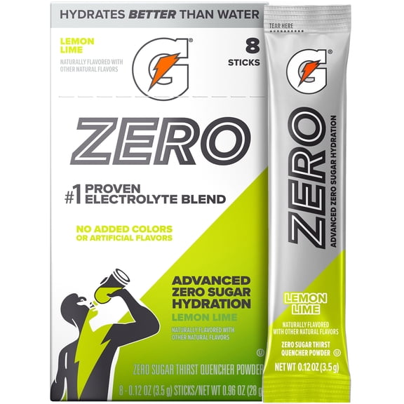 Gatorade Zero Sugar Lemon Lime, On the Go Packs, Electrolyte Powder Drink Mix, 0.12 oz, 8 Sticks