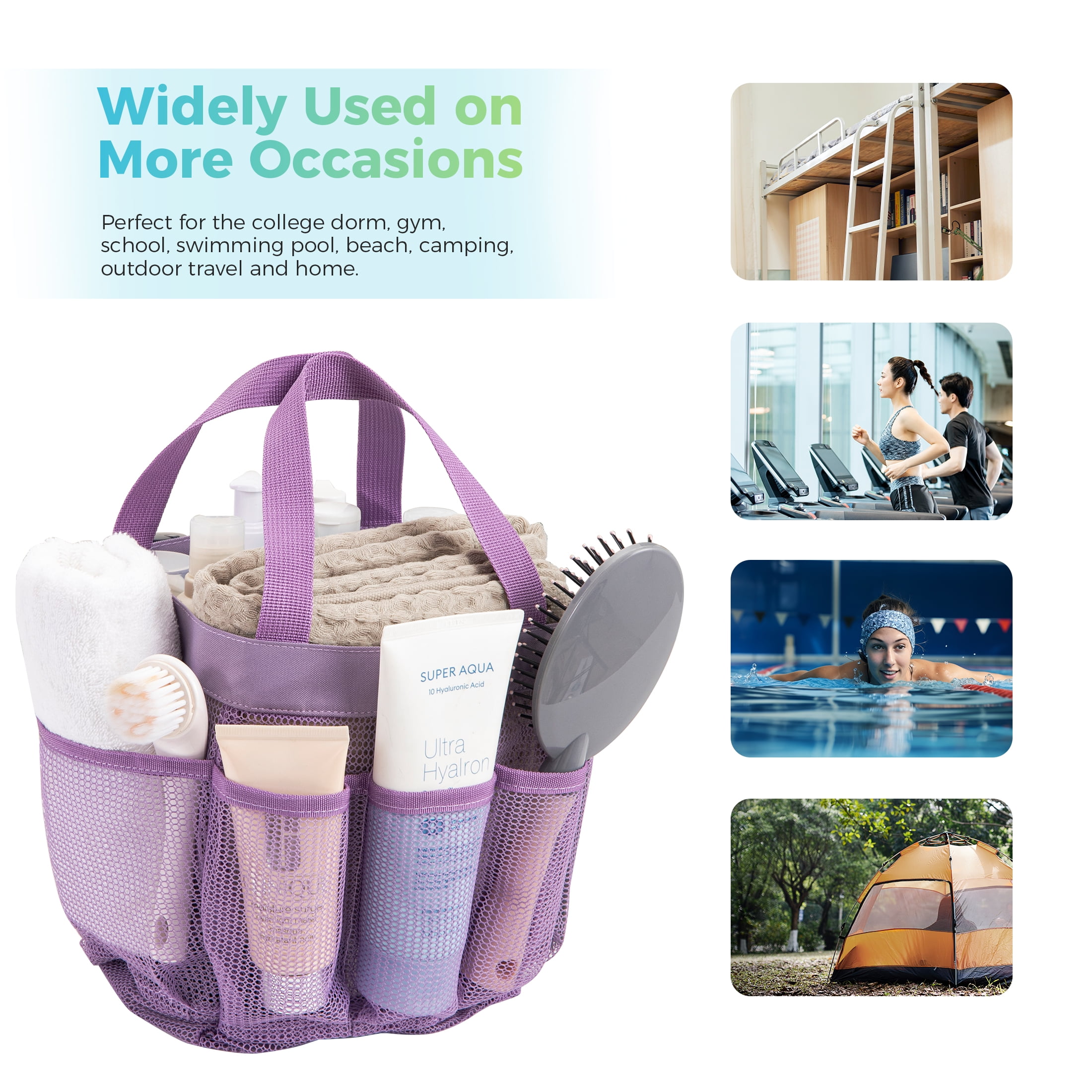 Siaomo Mesh Shower Caddy,Tote Bag for College Dorm,Bathroom,8 Pocket Basket,Quick Dry  Purple  (图5)
