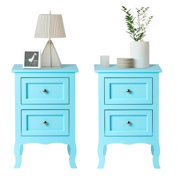 Ktaxon Nightstand, Bedside Table with 2 Storage Drawers, End Side for Bedroom, Country Style Set of 2,Light Blue