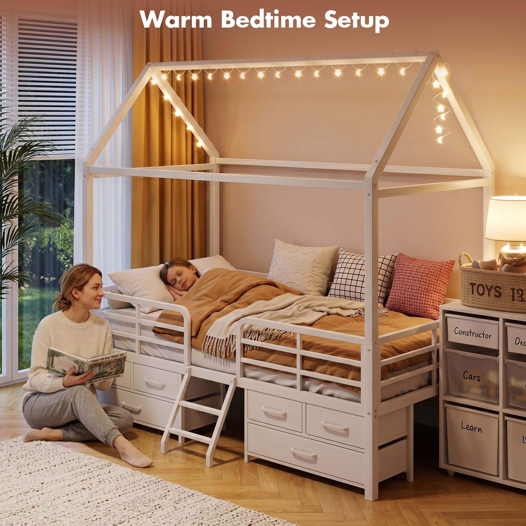 Miniyam Twin House Bed Frame with 6 Storage Drawers and Star Moon Lights, Metal Platform Bed, White