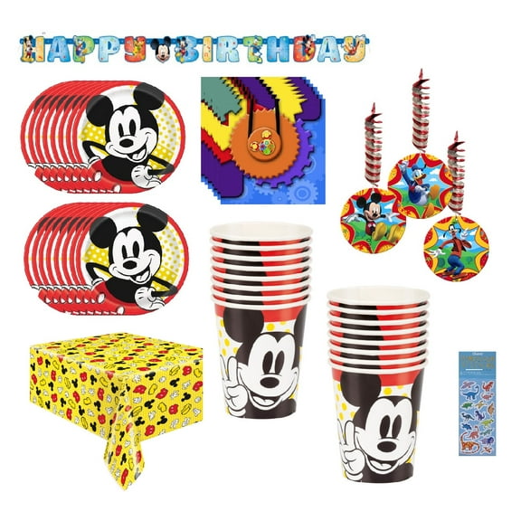 Disney Mickey Mouse Birthday Party Supplies Bundle includes16 Lunch Plates, 16 Napkins 6.5", 16 Paper Cups, 1 Table Cover, 1 Banner, 3 Hanging Swirl Decorations, 1 Dinosaur Sticker Sheet
